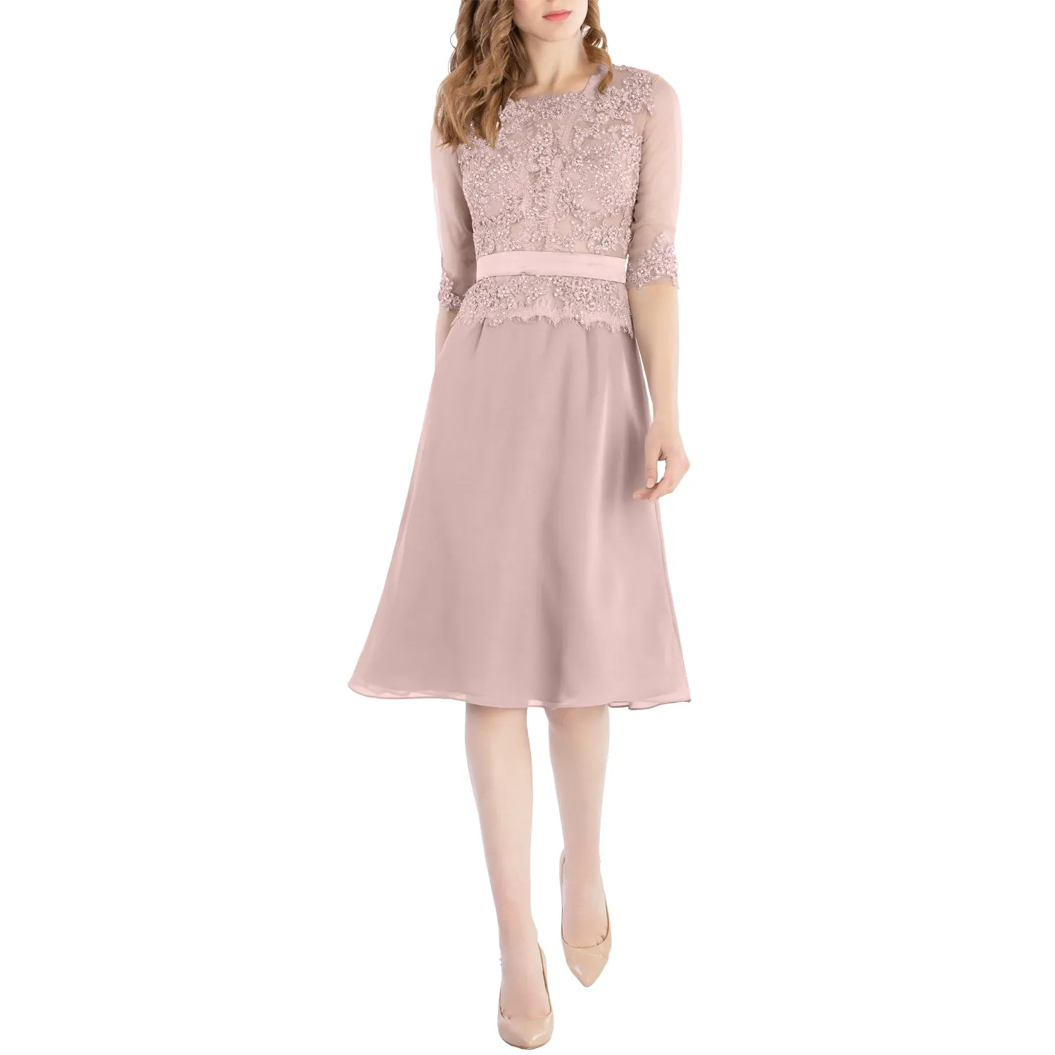 MACloth Women O Neck Beaded Lace Short Half Sleeves Mother of the Bride Dresses Wedding Bridal Party