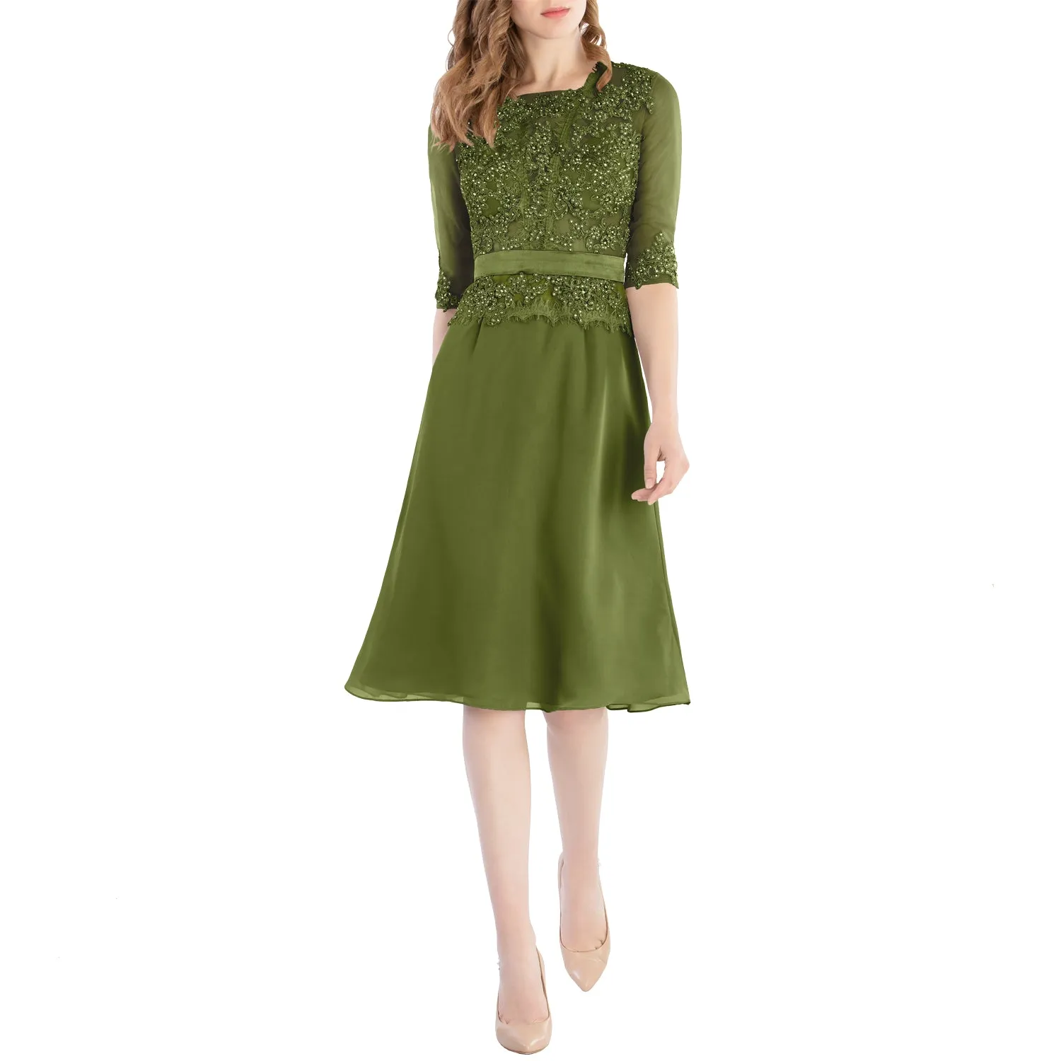MACloth Women O Neck Beaded Lace Short Half Sleeves Mother of the Bride Dresses Wedding Bridal Party