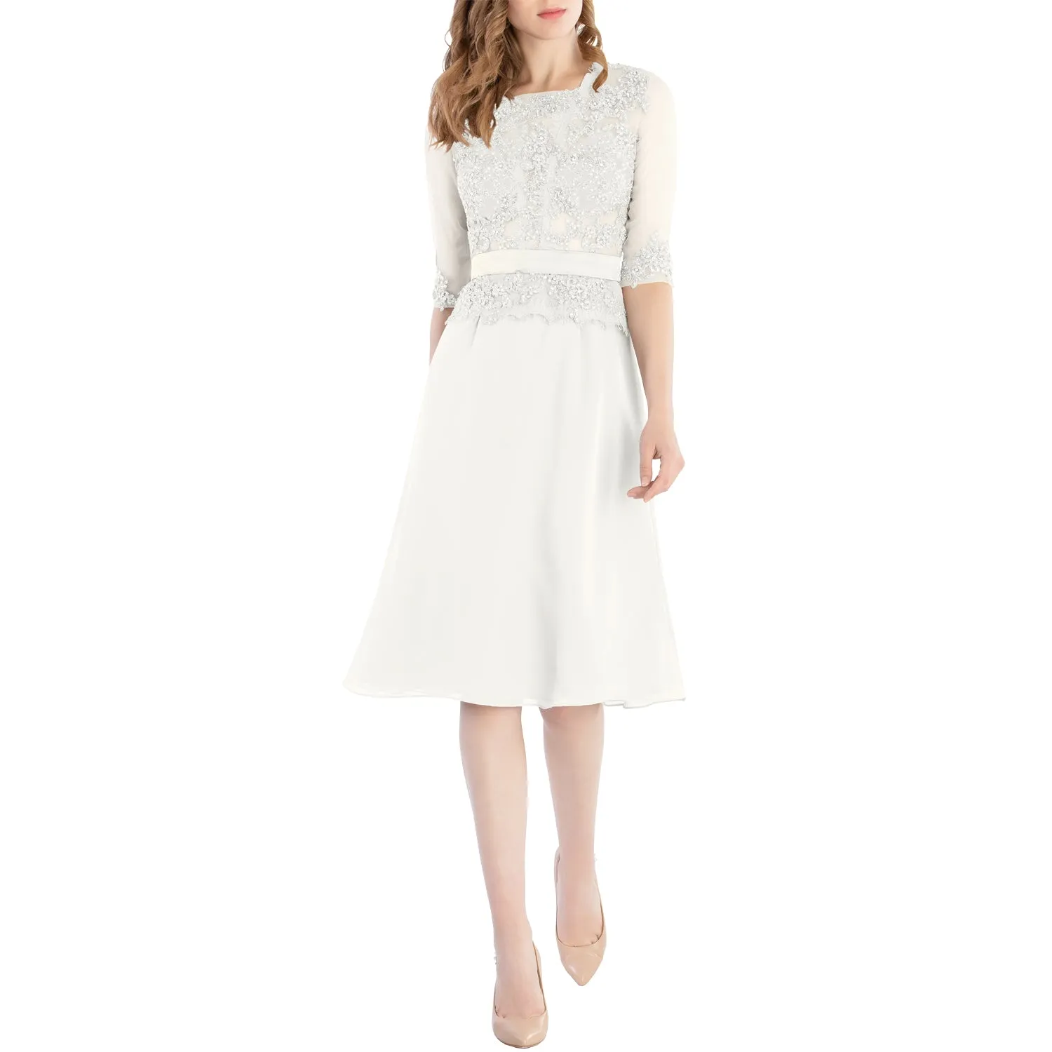 MACloth Women O Neck Beaded Lace Short Half Sleeves Mother of the Bride Dresses Wedding Bridal Party