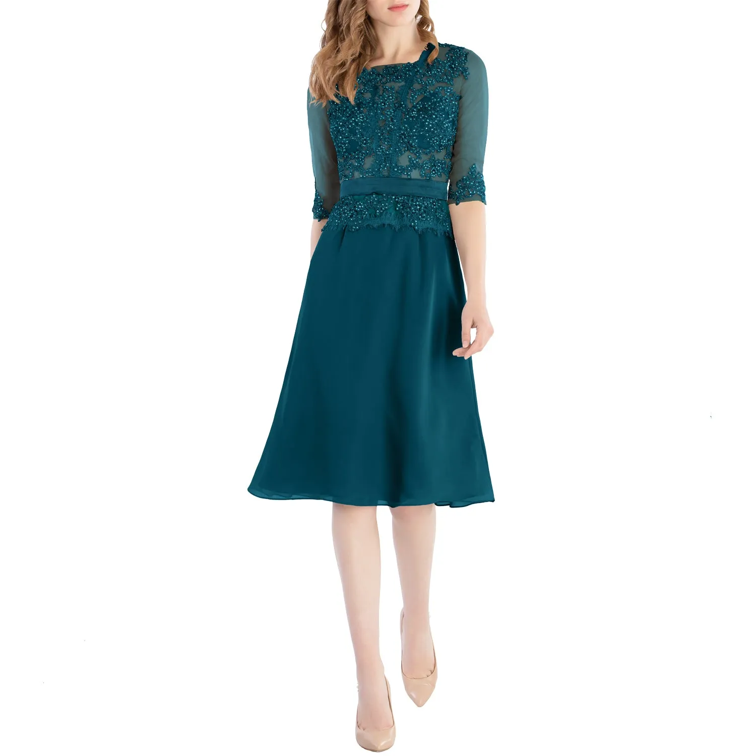 MACloth Women O Neck Beaded Lace Short Half Sleeves Mother of the Bride Dresses Wedding Bridal Party