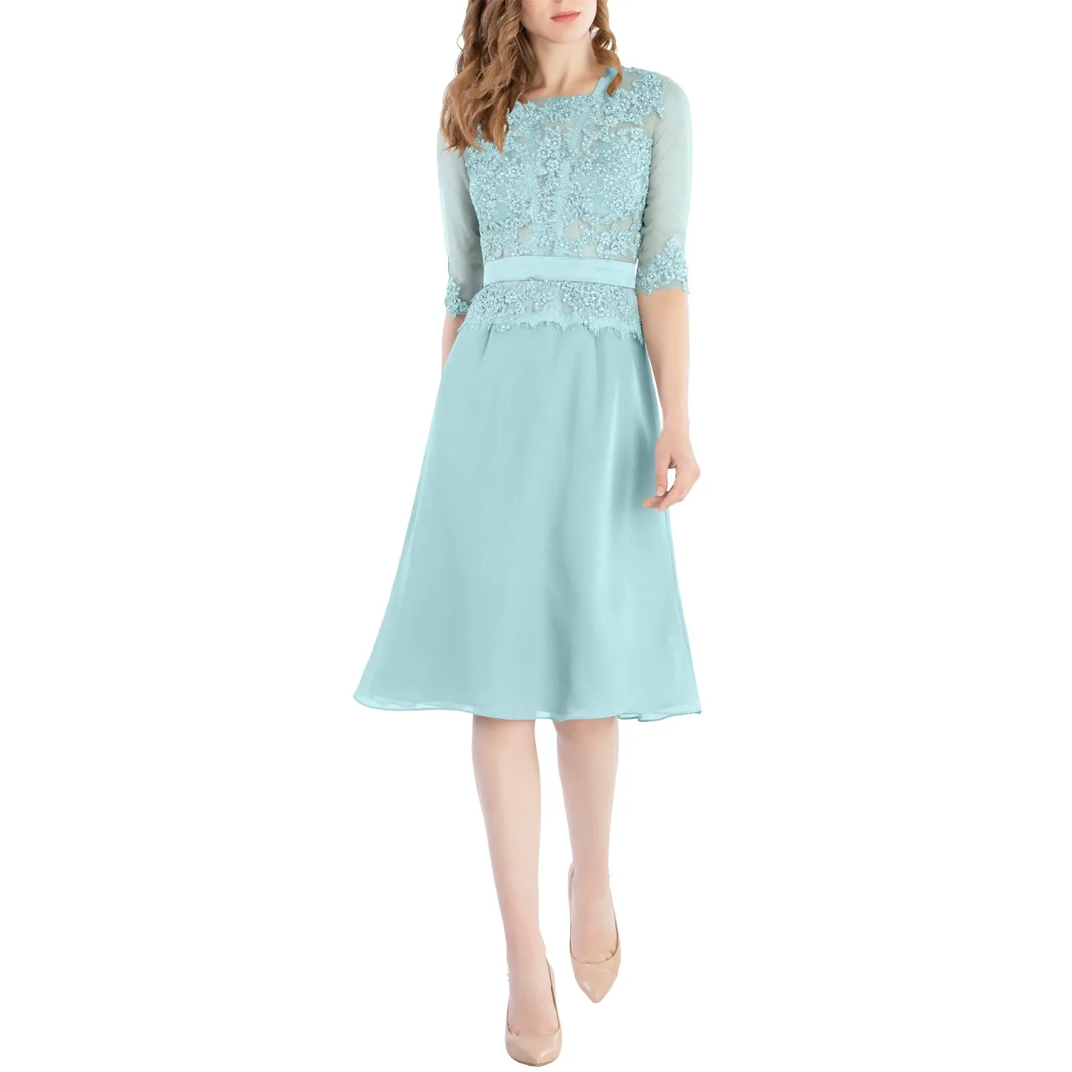 MACloth Women O Neck Beaded Lace Short Half Sleeves Mother of the Bride Dresses Wedding Bridal Party