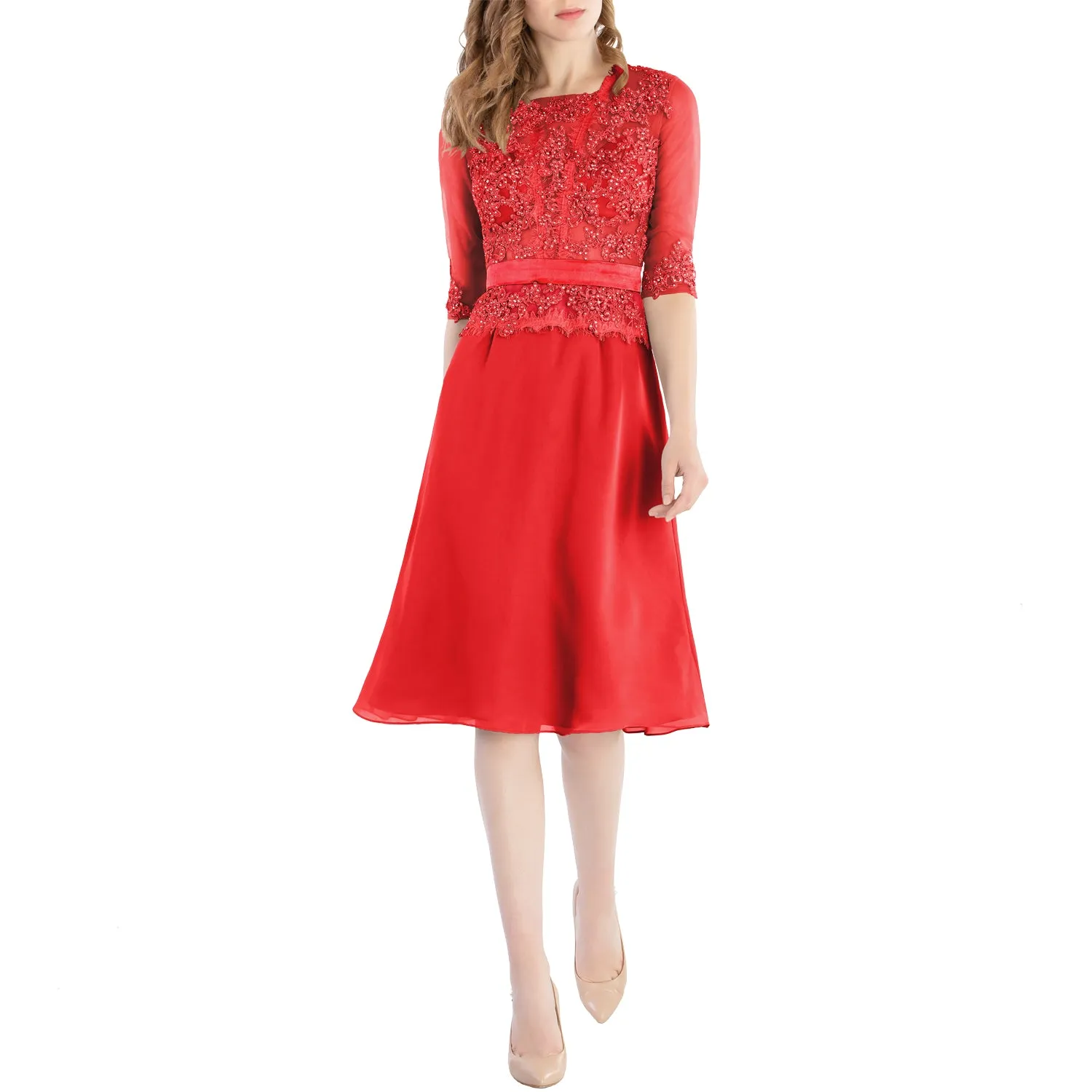 MACloth Women O Neck Beaded Lace Short Half Sleeves Mother of the Bride Dresses Wedding Bridal Party