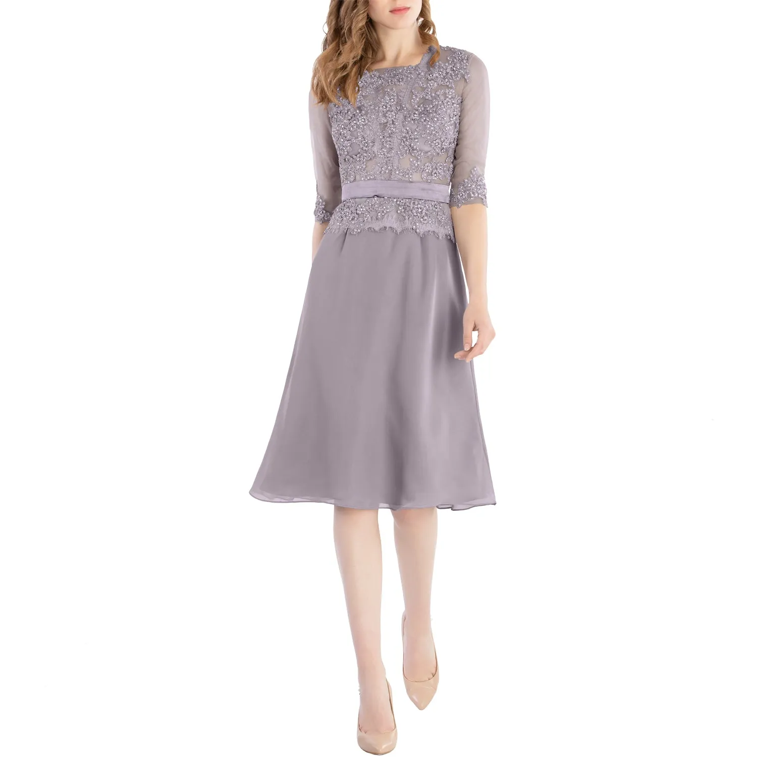MACloth Women O Neck Beaded Lace Short Half Sleeves Mother of the Bride Dresses Wedding Bridal Party