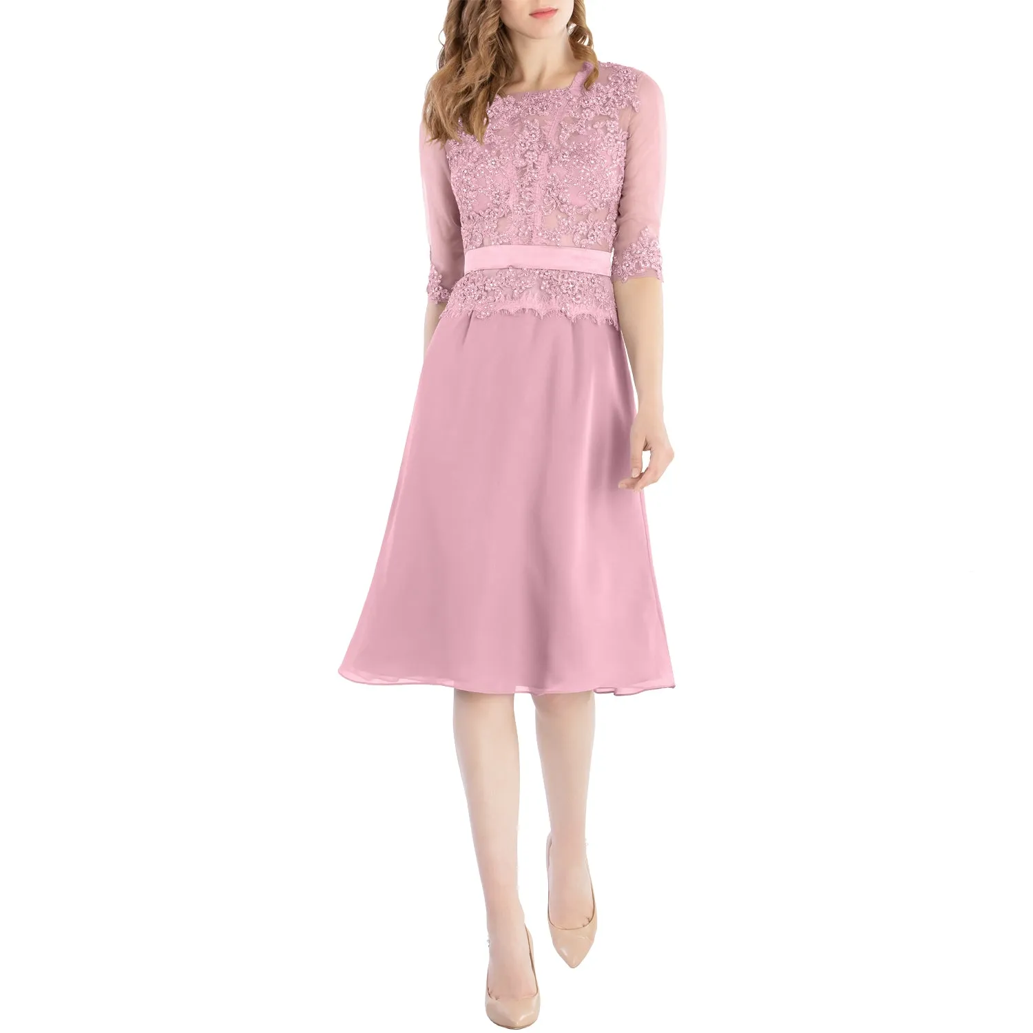 MACloth Women O Neck Beaded Lace Short Half Sleeves Mother of the Bride Dresses Wedding Bridal Party