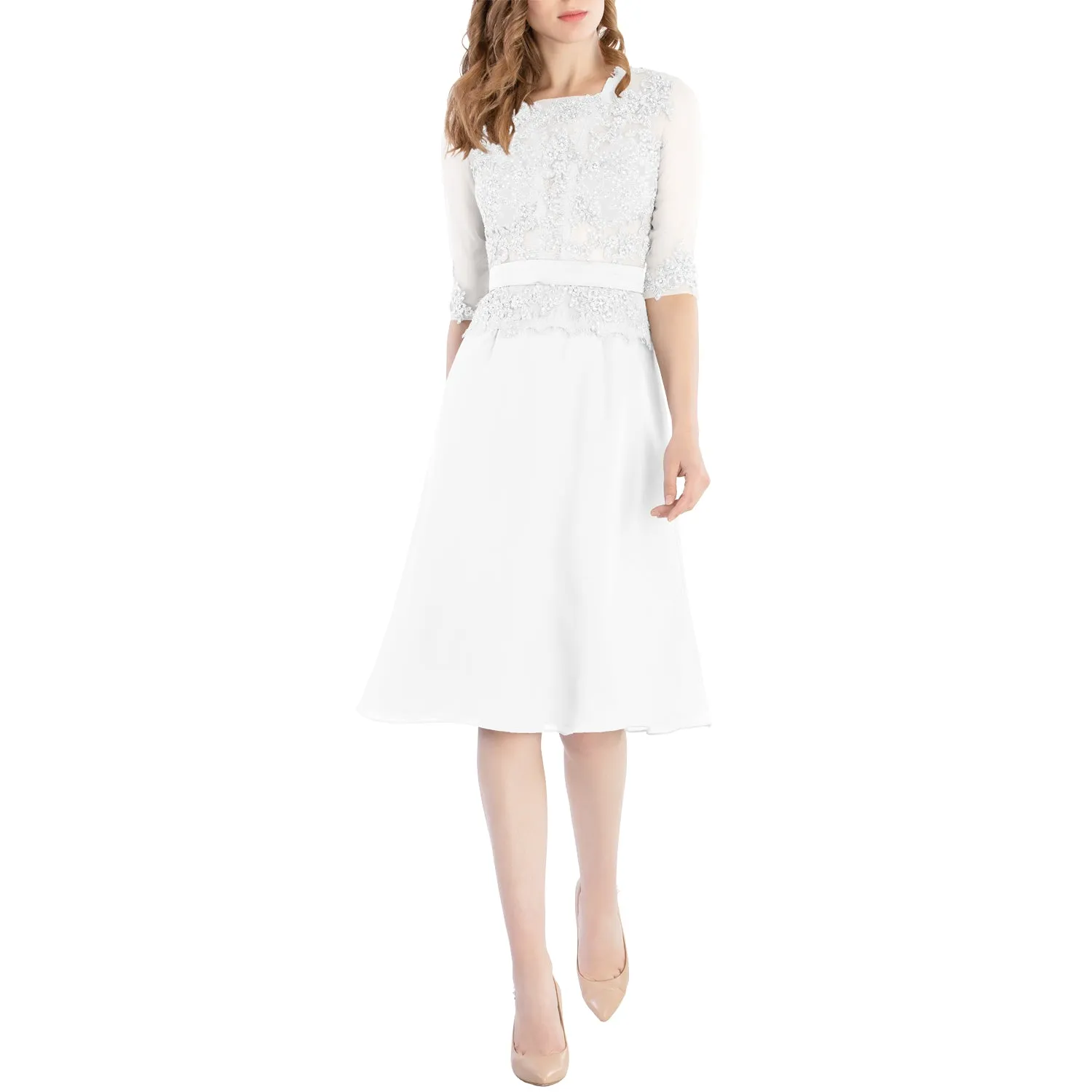 MACloth Women O Neck Beaded Lace Short Half Sleeves Mother of the Bride Dresses Wedding Bridal Party