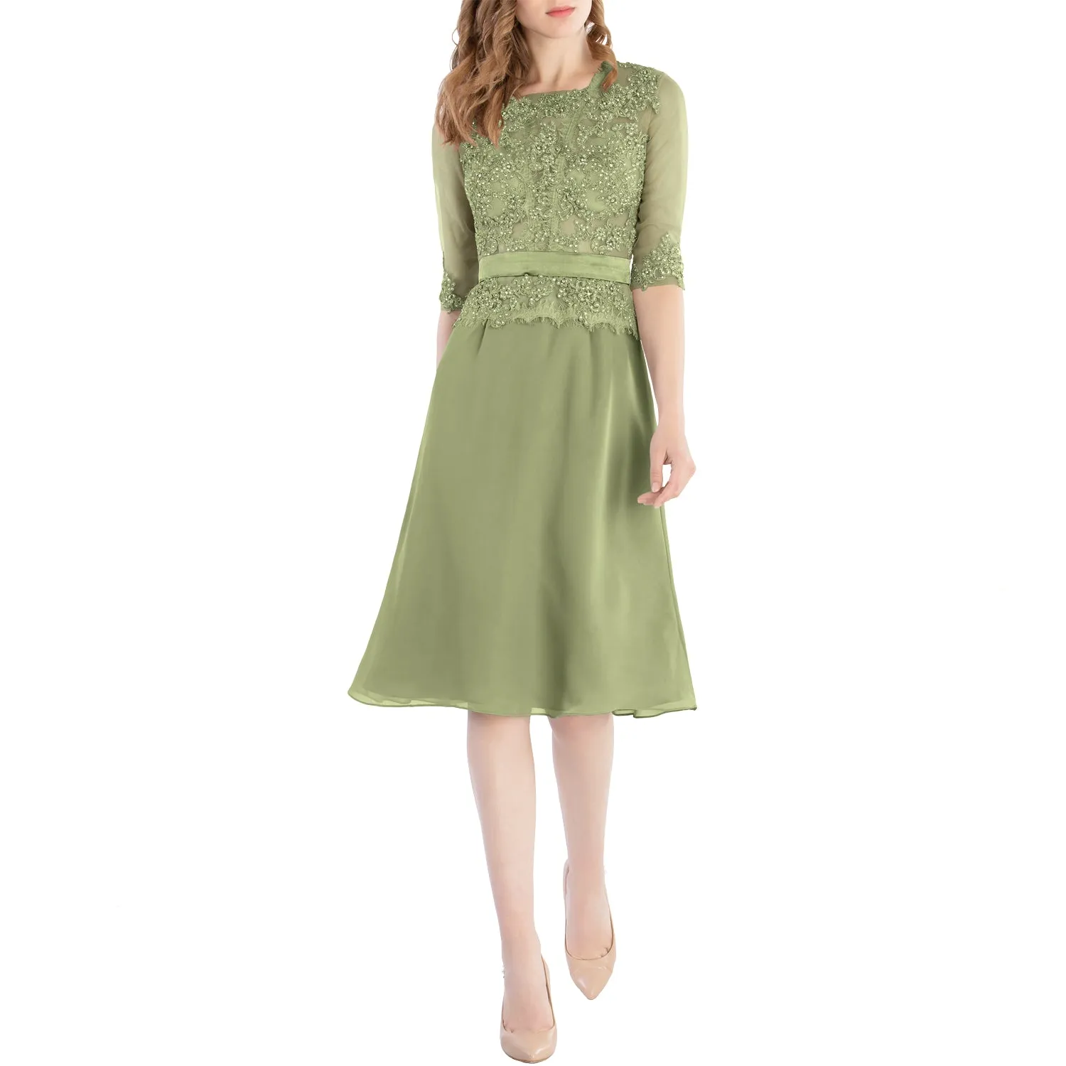 MACloth Women O Neck Beaded Lace Short Half Sleeves Mother of the Bride Dresses Wedding Bridal Party