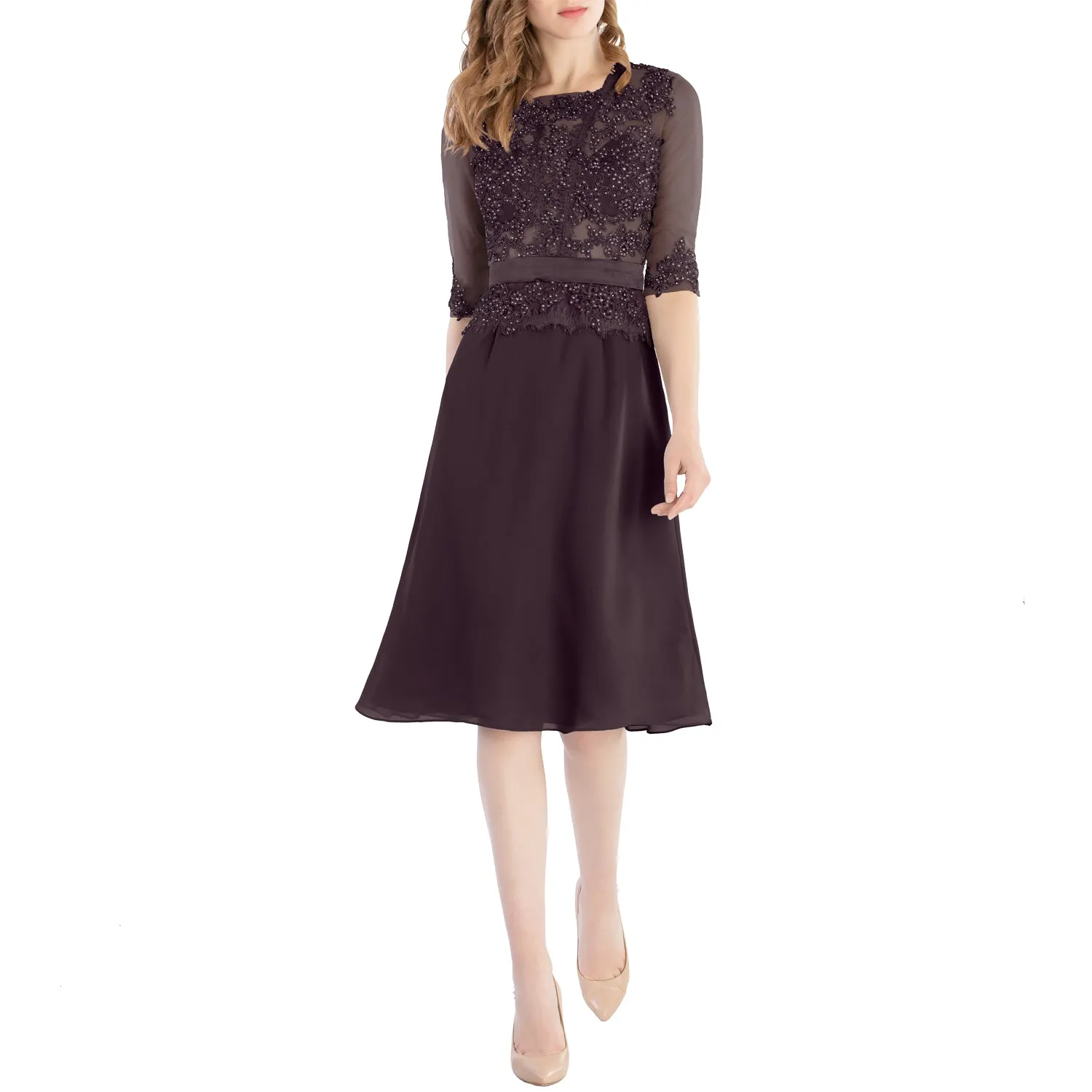 MACloth Women O Neck Beaded Lace Short Half Sleeves Mother of the Bride Dresses Wedding Bridal Party