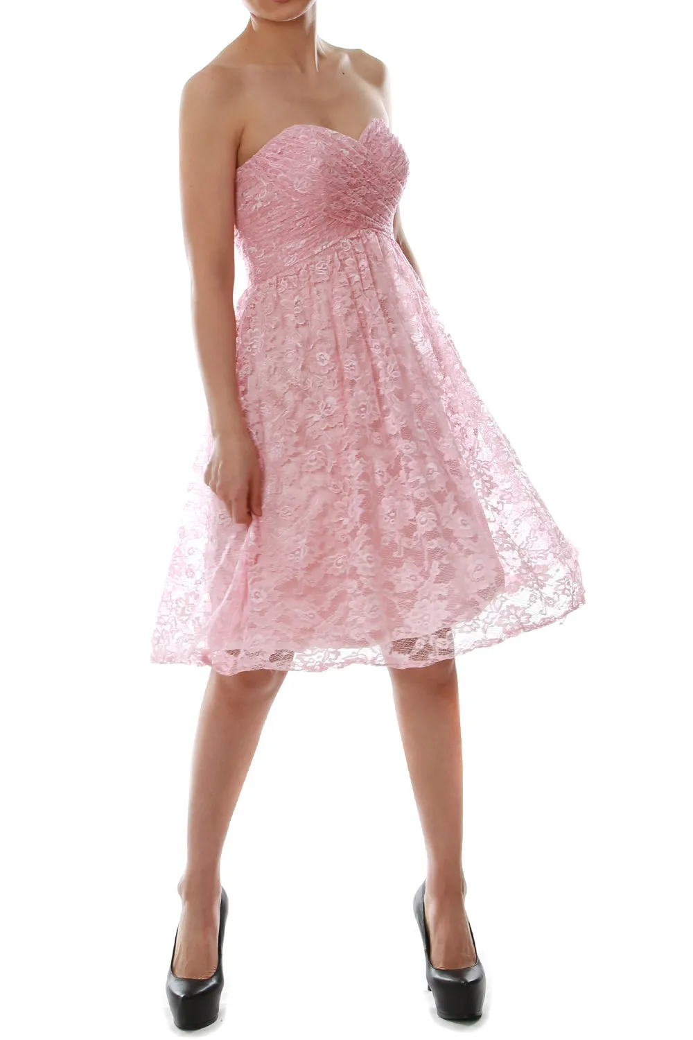 MACloth Women Strapless Wedding Party Formal Gown Short Lace Bridesmaid Dress