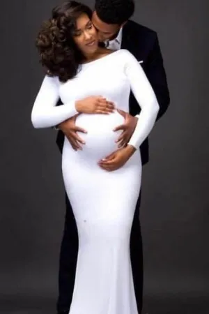 Maternity White Long Dress Baby Shower Shoot