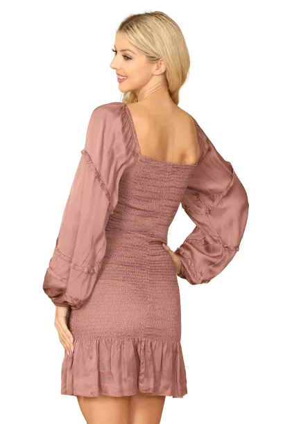 Mauve Square Neck Long Sleeve Smocked Ruffle Hem Dress - Pack of 5