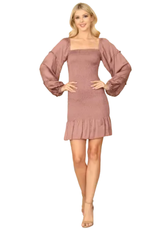 Mauve Square Neck Long Sleeve Smocked Ruffle Hem Dress - Pack of 5