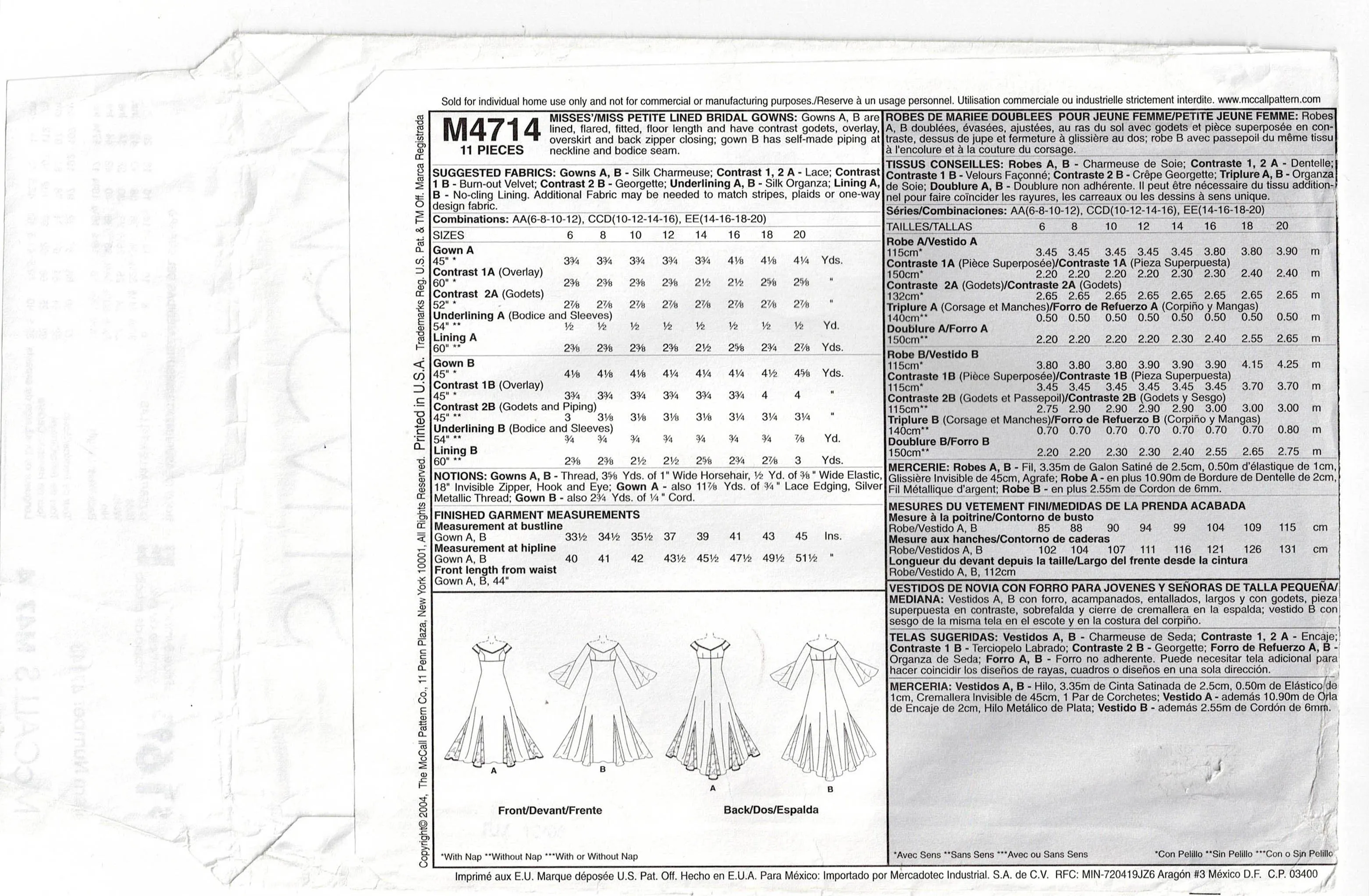 McCall's 4714 ALICYN Womens Off The Shoulder Wedding Bridal Gown with Skirt Godets Out Of Print Sewing Pattern Size 14 - 20 UNCUT Factory Folded