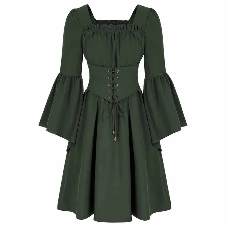 Medieval Renaissance Dress Square Neck Pleated Waistband Decor Long Sleeve Dress