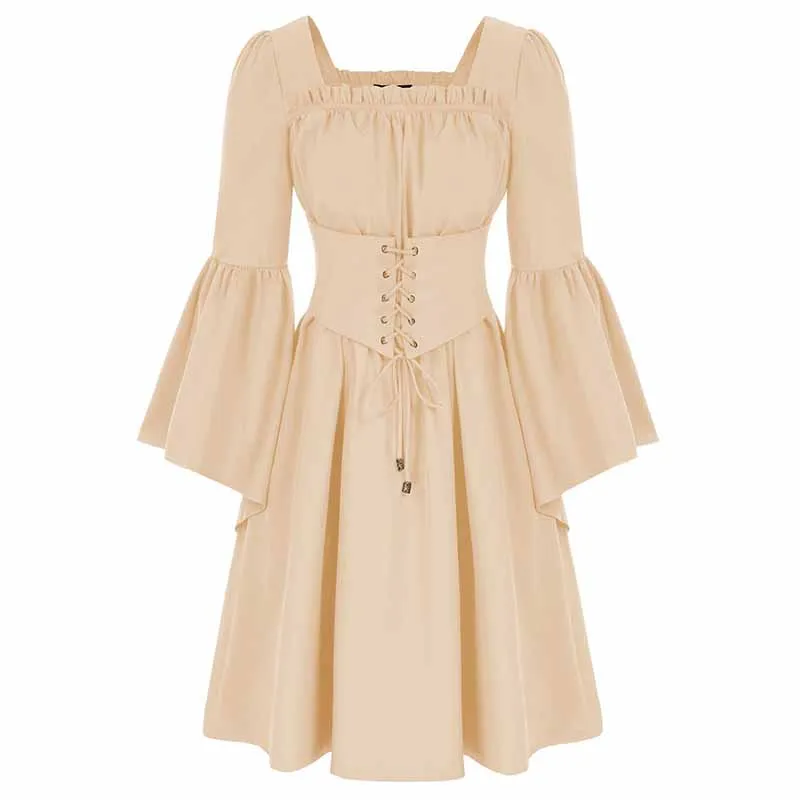 Medieval Renaissance Dress Square Neck Pleated Waistband Decor Long Sleeve Dress