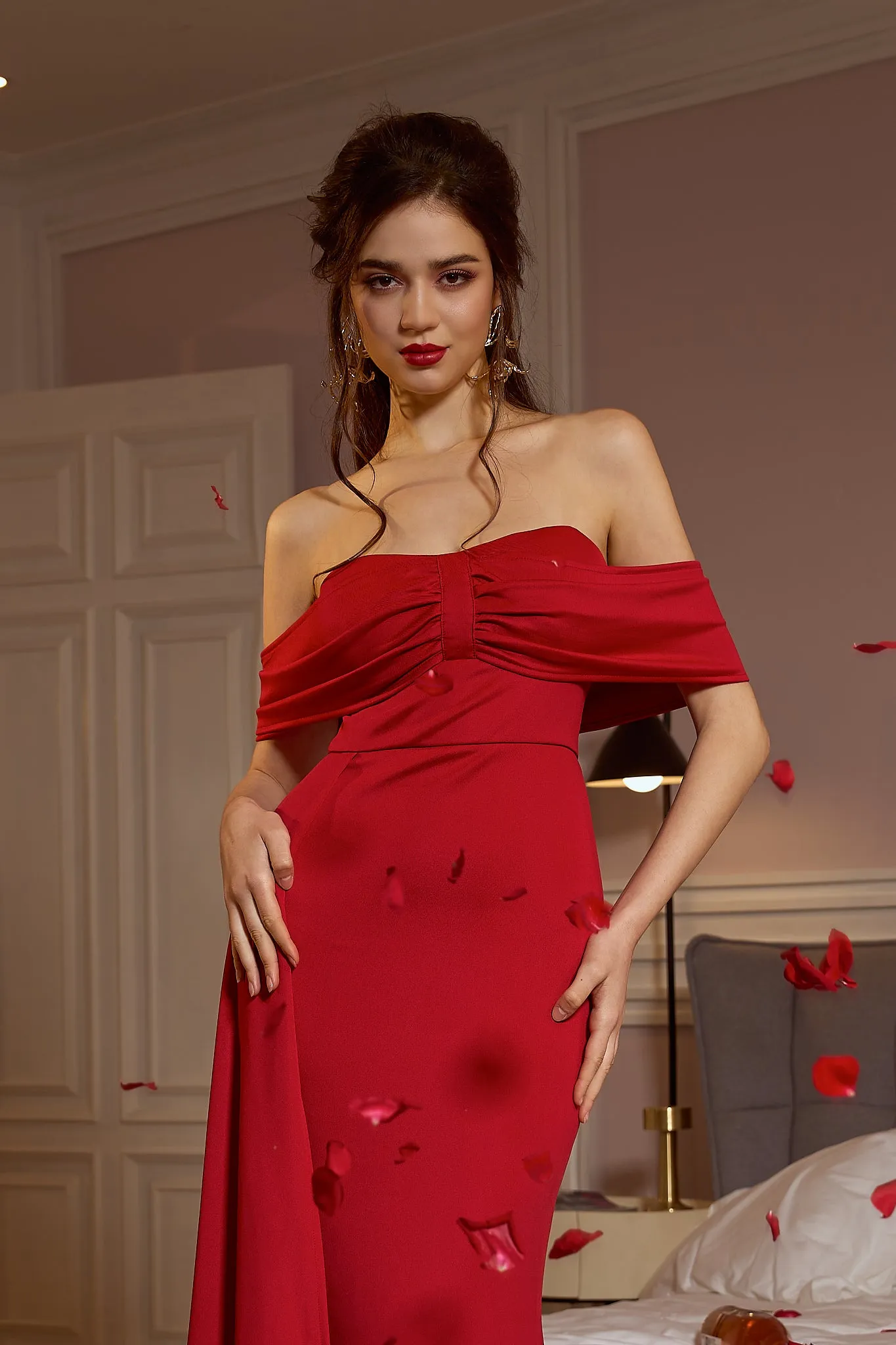 Mellona Off Shoulder Flowy Red Dress