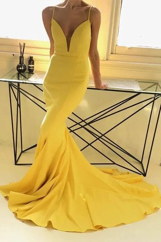 Mermaid Long Yellow Prom Gown Dress with Plunging Neckline