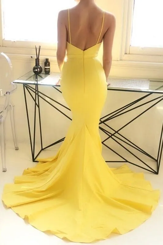 Mermaid Long Yellow Prom Gown Dress with Plunging Neckline
