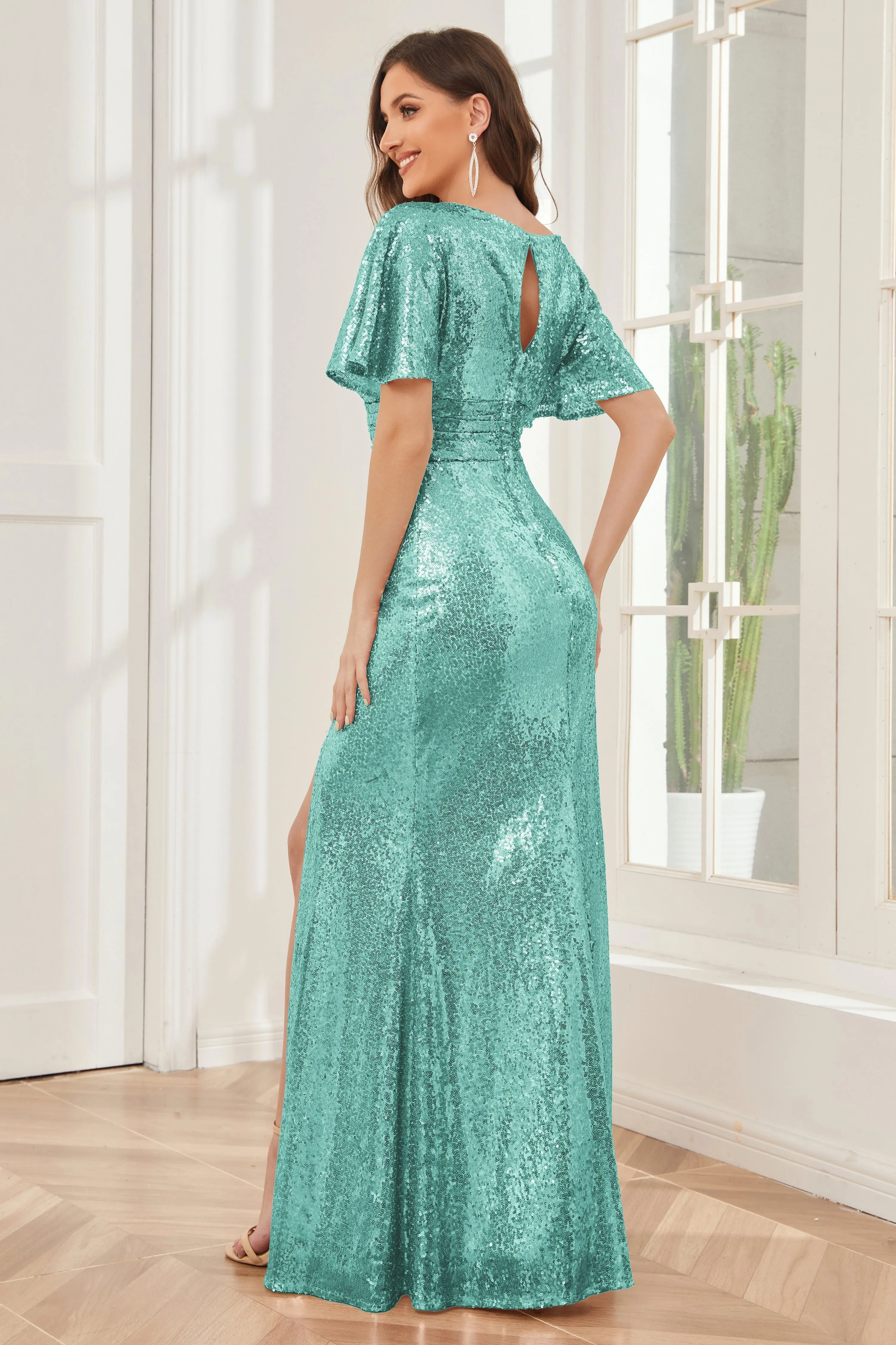 Mermaid Short Sleeves Sequins Bridesmaid Dresses with Slit