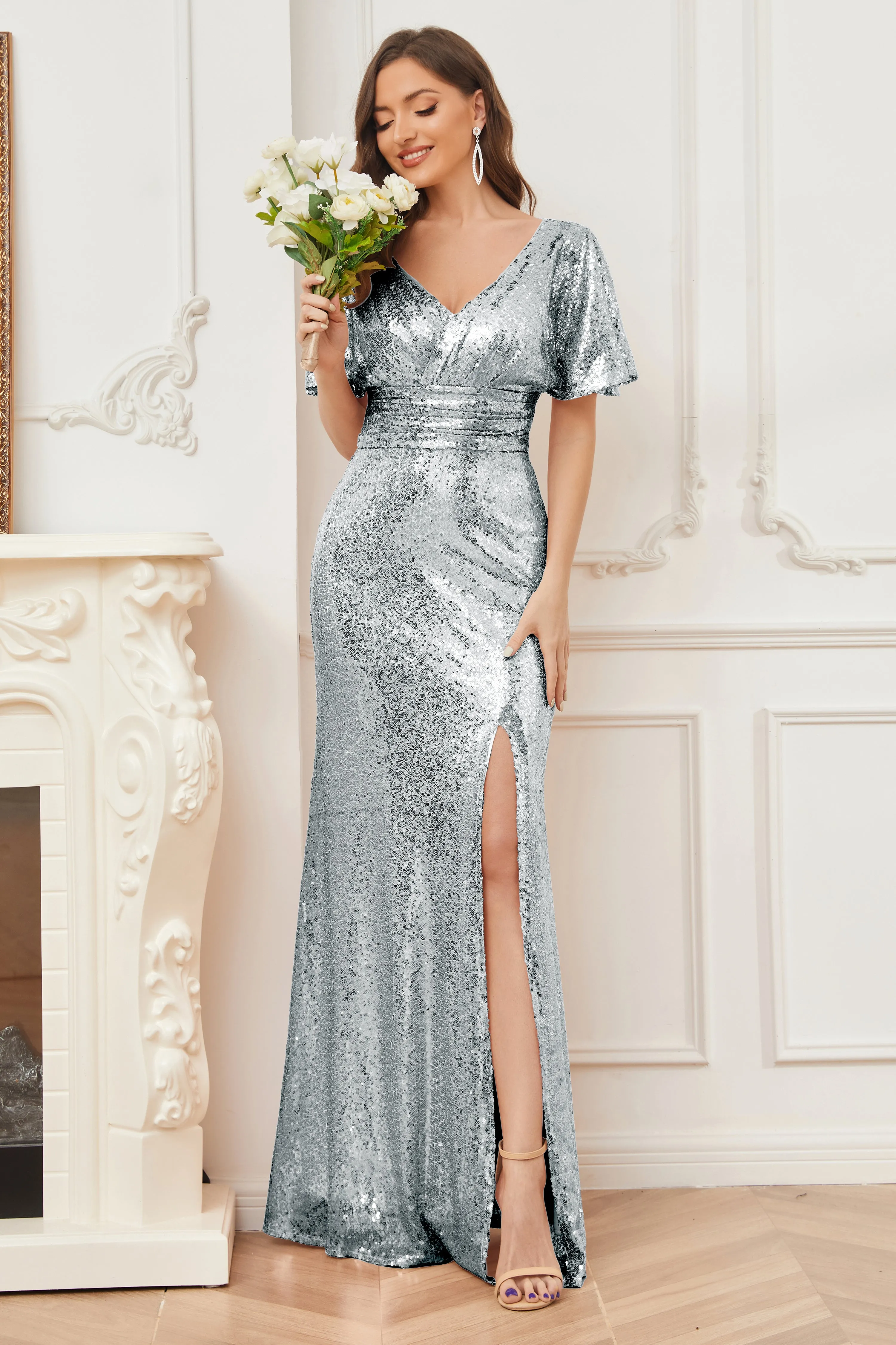 Mermaid Short Sleeves Sequins Bridesmaid Dresses with Slit