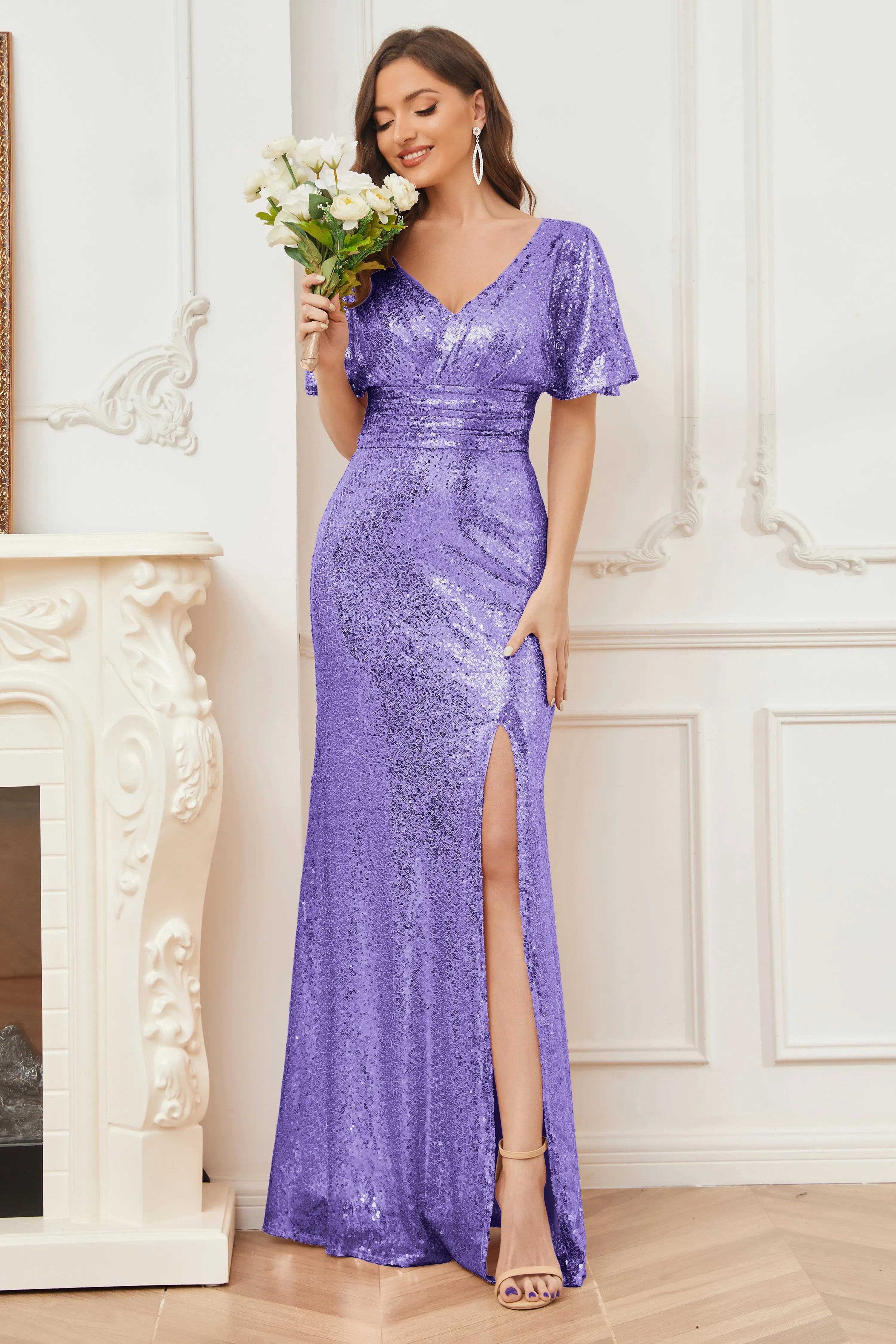 Mermaid Short Sleeves Sequins Bridesmaid Dresses with Slit