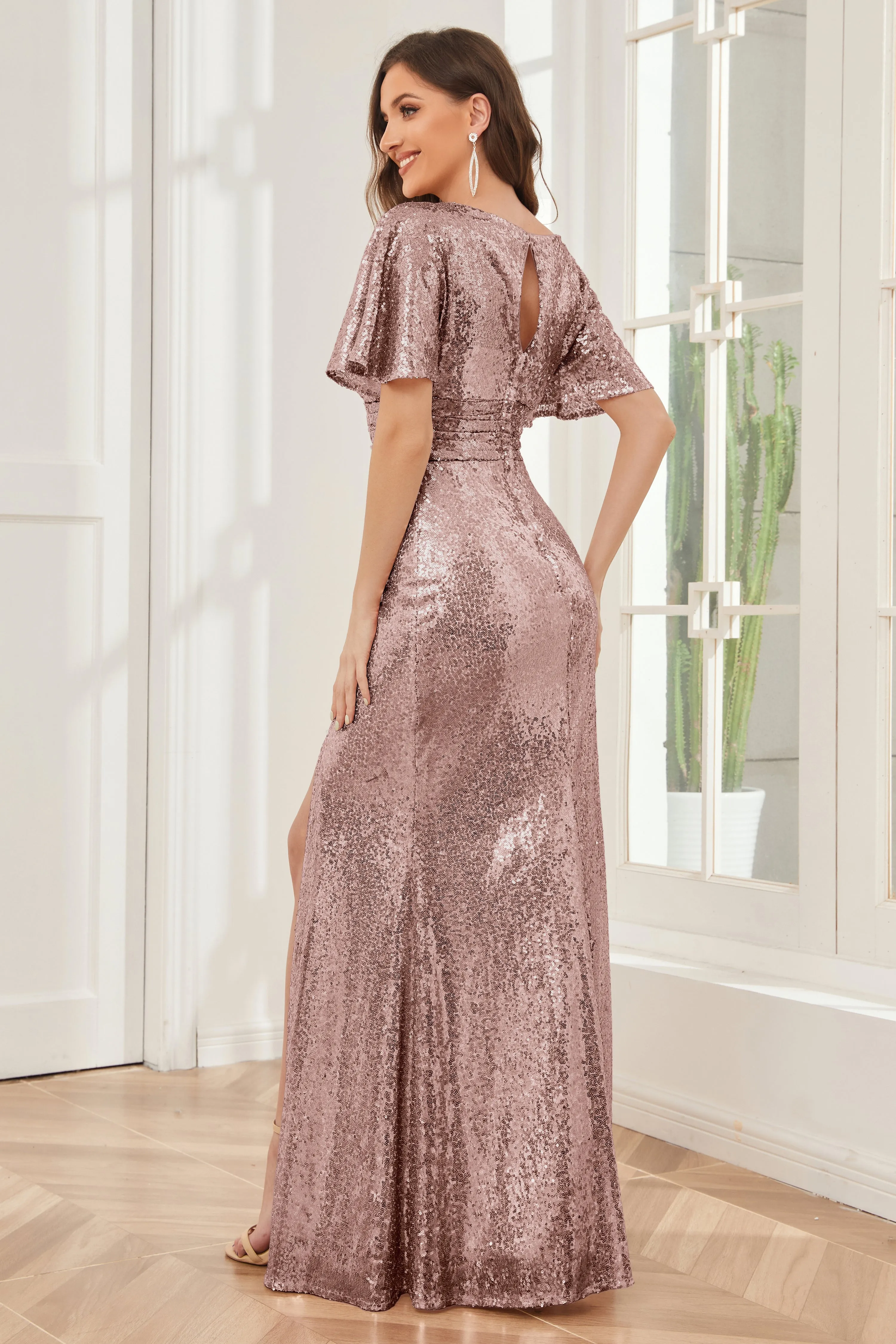 Mermaid Short Sleeves Sequins Bridesmaid Dresses with Slit