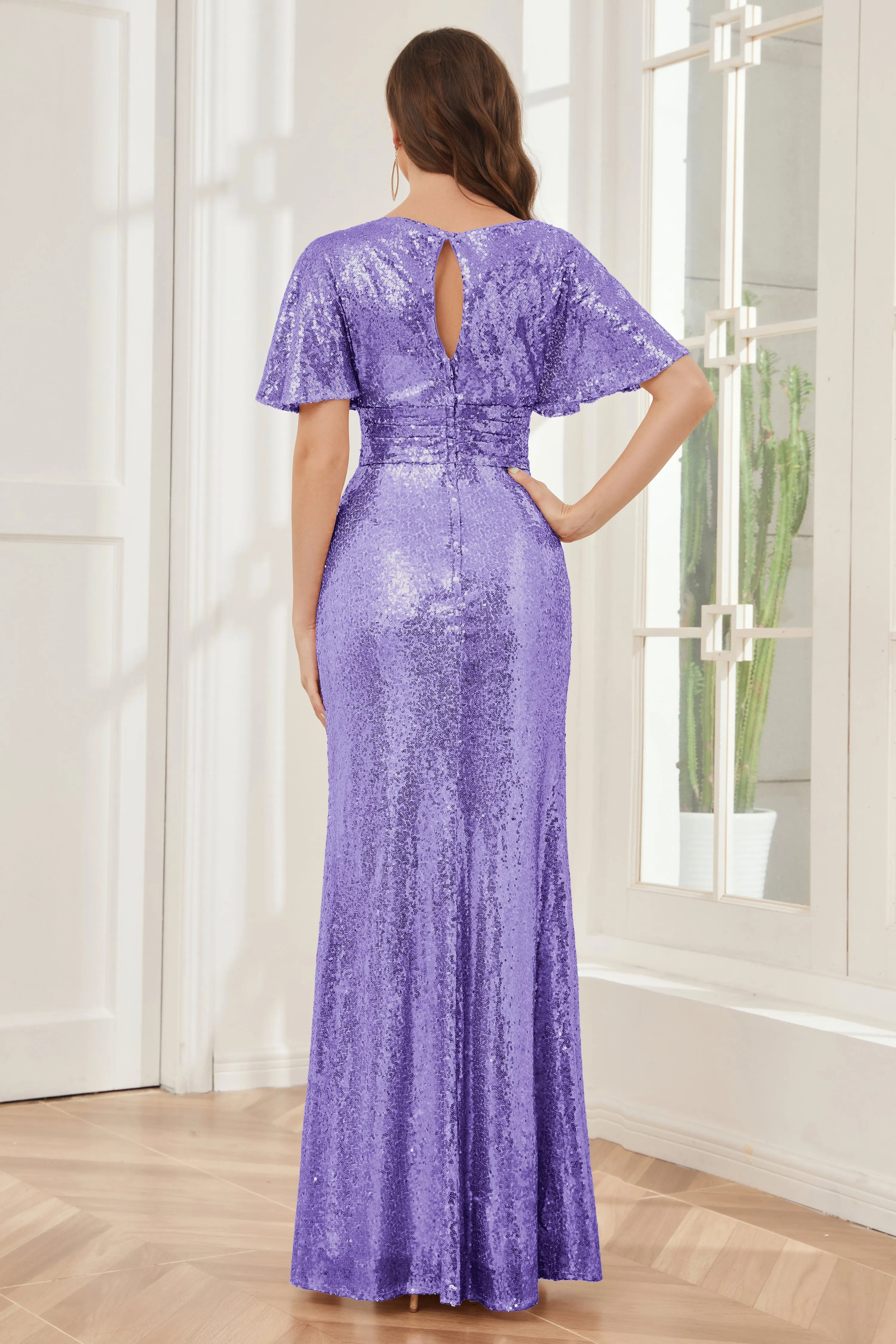 Mermaid Short Sleeves Sequins Bridesmaid Dresses with Slit