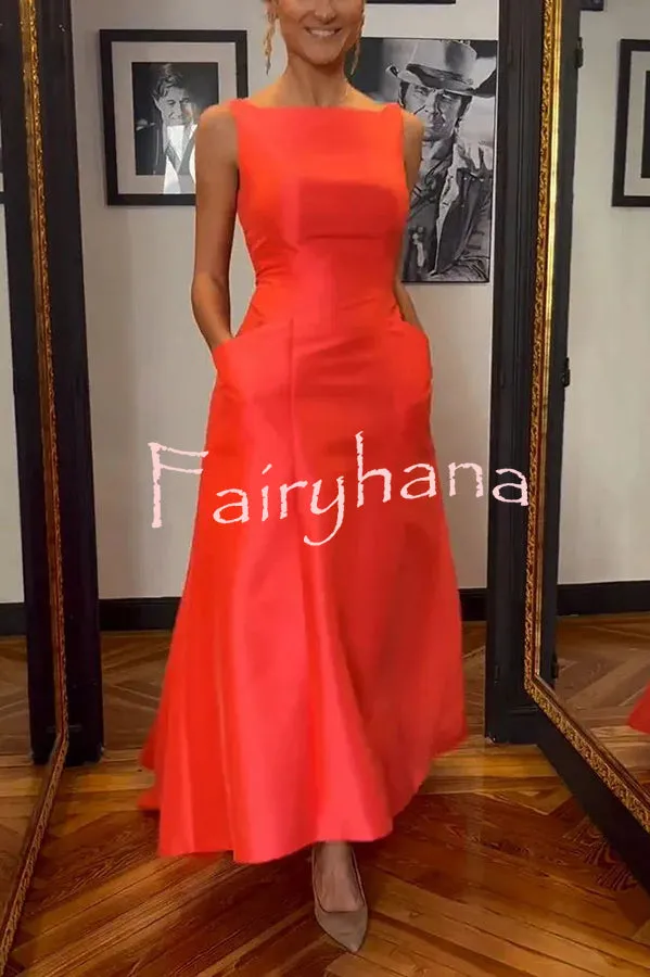 Metallic Moment Satin Boat Neck Pocket Asymmetric Trim Evening Maxi Dress