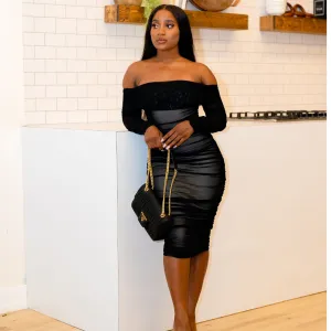 Mignon Black Off-Shoulder Ruched Maxi Dress