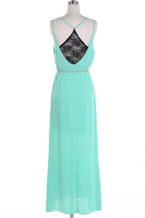 Mint Maxi Dress with Lace and Golden Chain