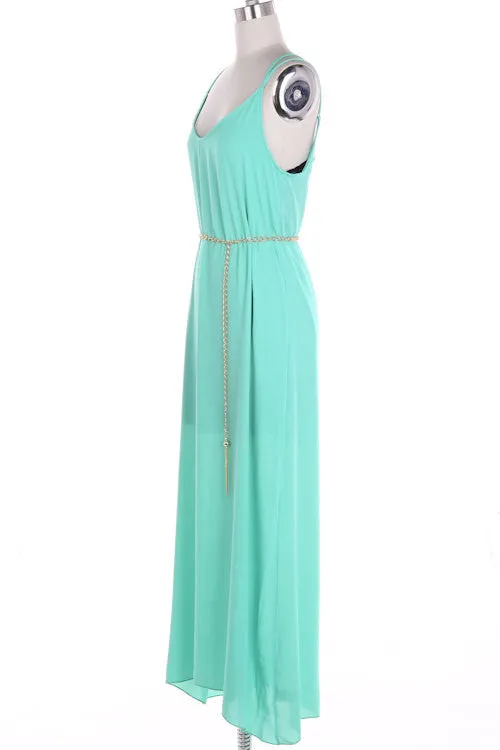 Mint Maxi Dress with Lace and Golden Chain