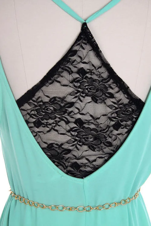 Mint Maxi Dress with Lace and Golden Chain