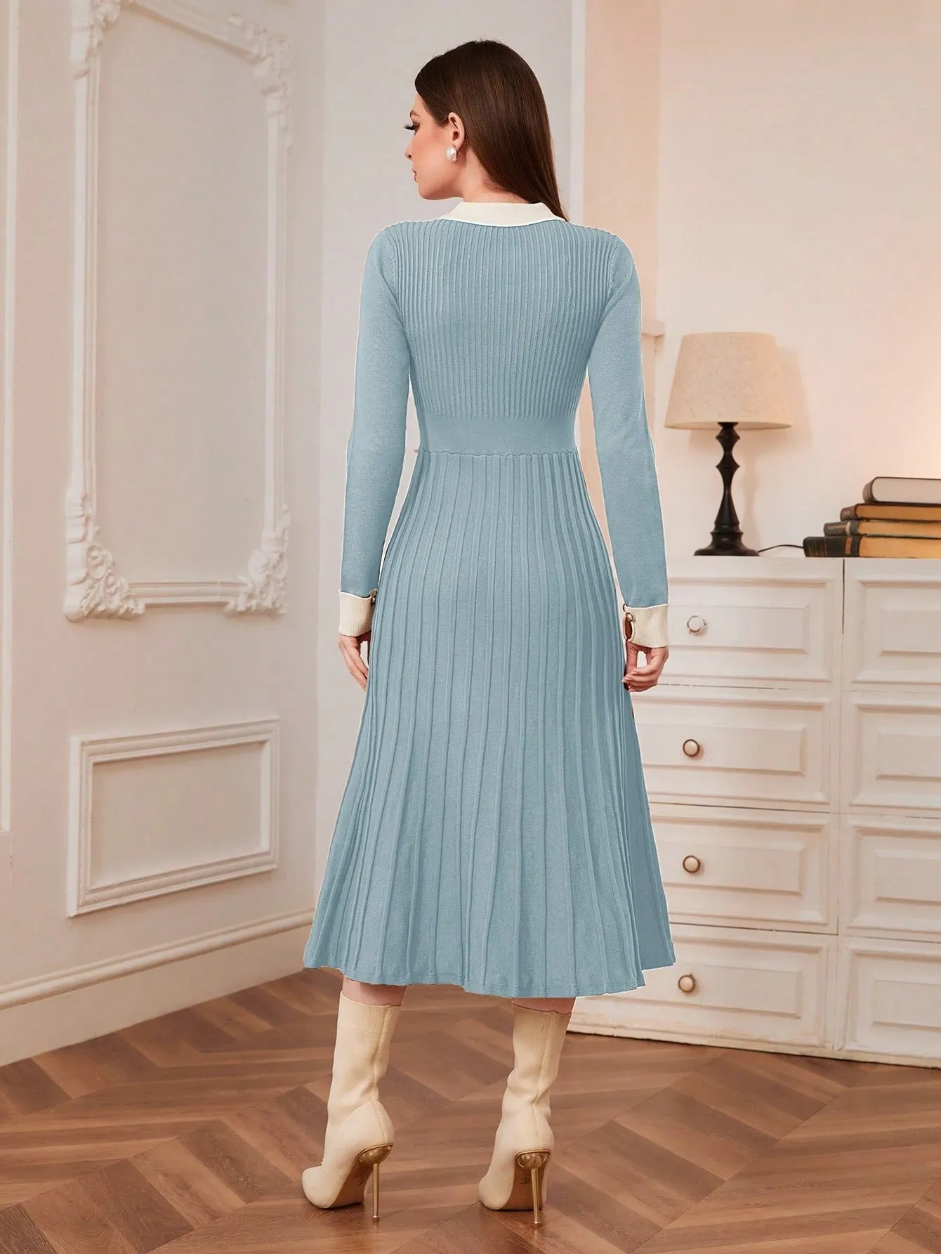 Modely Contrast Collar Pleated Sweater Dress