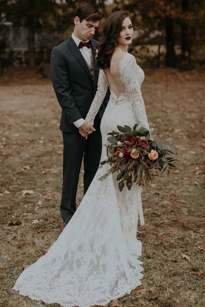Modest Sheath Wedding Dress Lace Long Sleeves vestido de casamento
