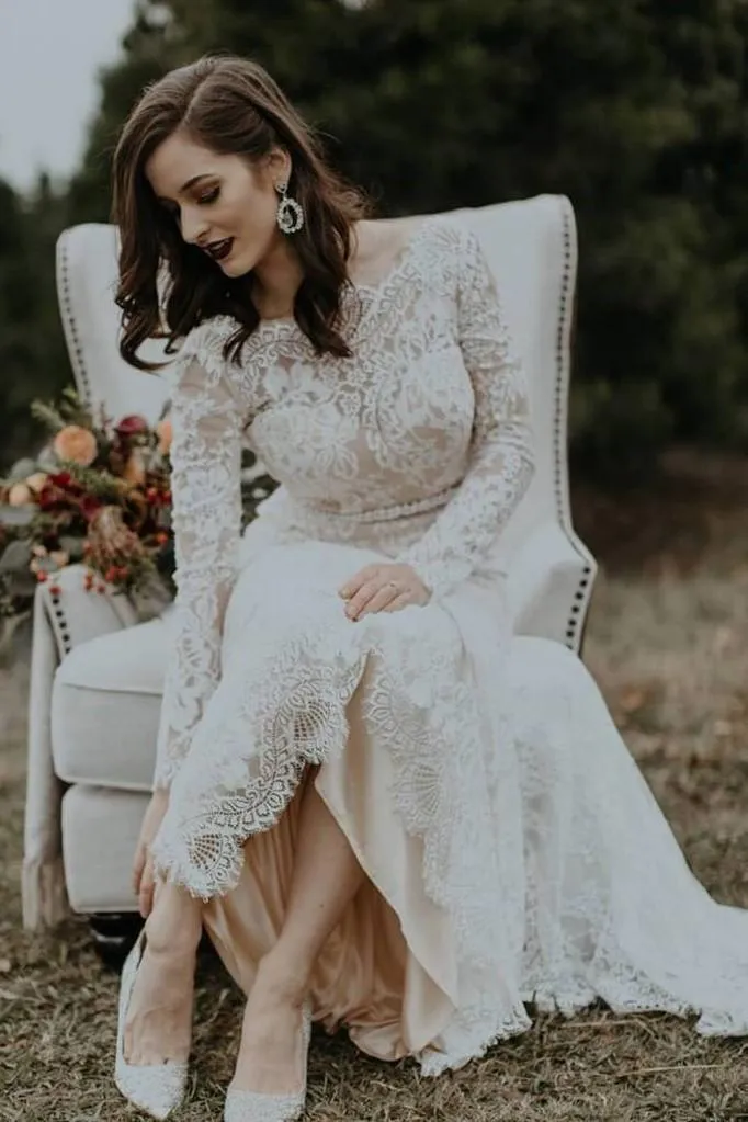 Modest Sheath Wedding Dress Lace Long Sleeves vestido de casamento