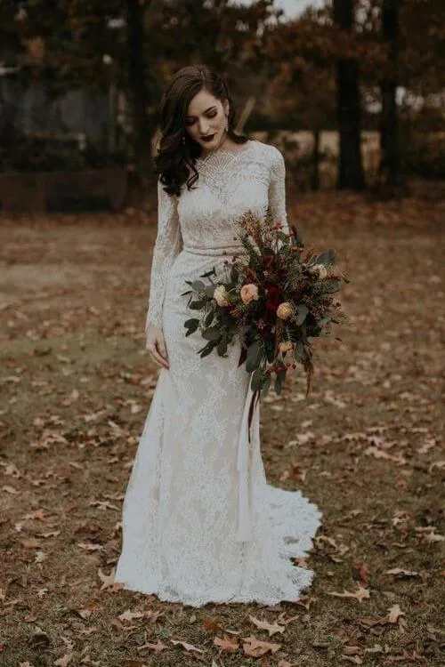Modest Sheath Wedding Dress Lace Long Sleeves vestido de casamento