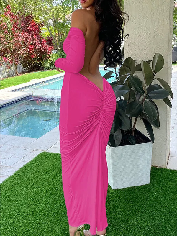 Momnfancy Off Shoulder Ruched Belly Friendly Open Back Backless Boat Neck Long Sleeve Babyshower Maternity Maxi Dress