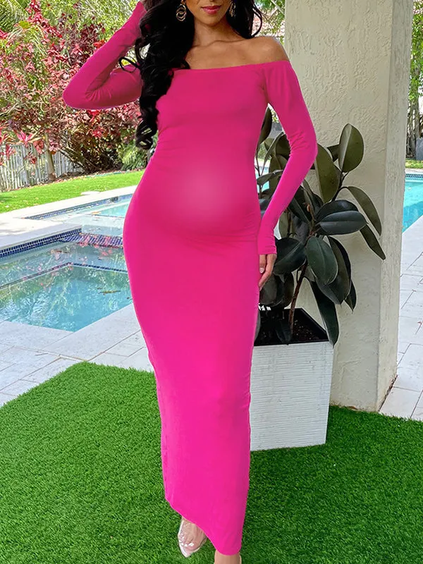 Momnfancy Off Shoulder Ruched Belly Friendly Open Back Backless Boat Neck Long Sleeve Babyshower Maternity Maxi Dress