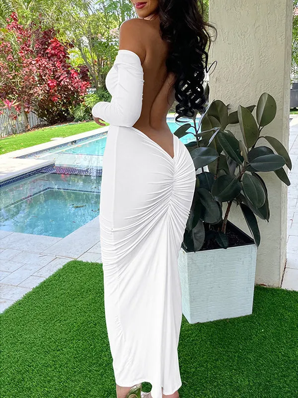 Momnfancy Off Shoulder Ruched Belly Friendly Open Back Backless Boat Neck Long Sleeve Babyshower Maternity Maxi Dress