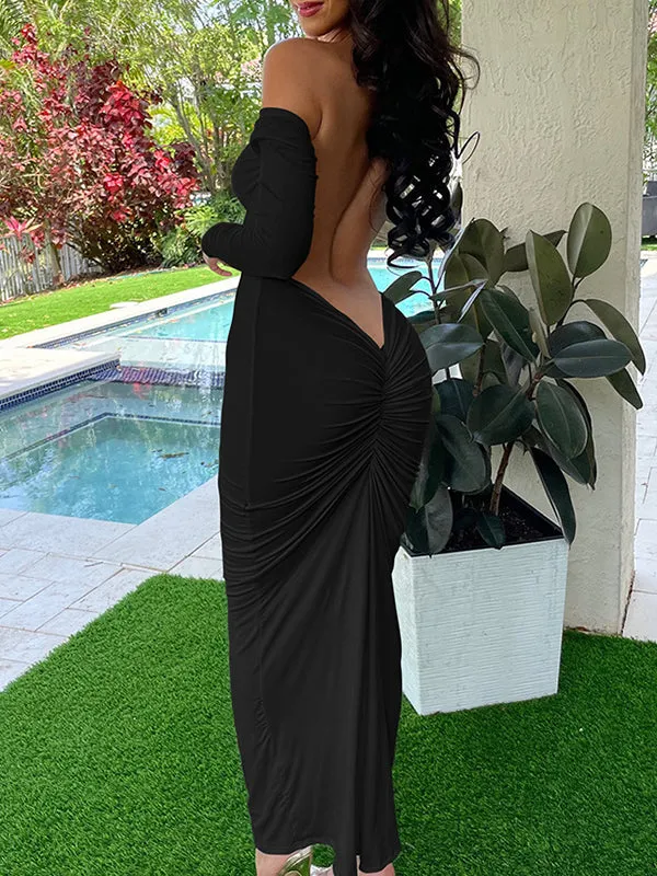 Momnfancy Off Shoulder Ruched Belly Friendly Open Back Backless Boat Neck Long Sleeve Babyshower Maternity Maxi Dress