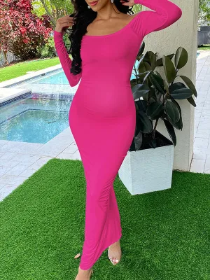 Momnfancy Off Shoulder Ruched Belly Friendly Open Back Backless Boat Neck Long Sleeve Babyshower Maternity Maxi Dress