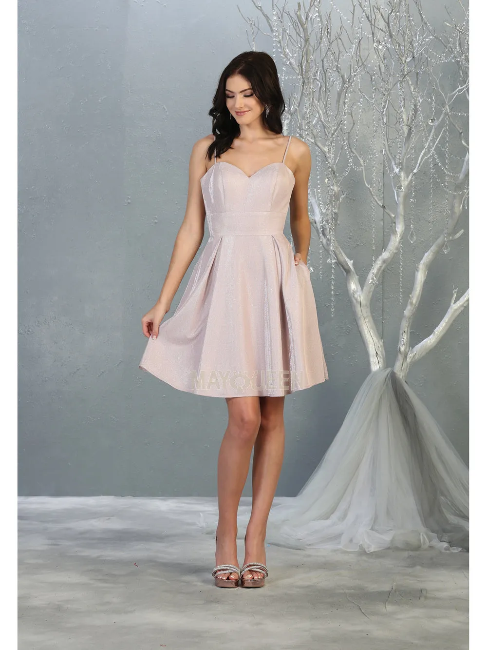 MQ 1791 - Metallic Homecoming Dress with Sweetheart Neck Pockets & Corset Back