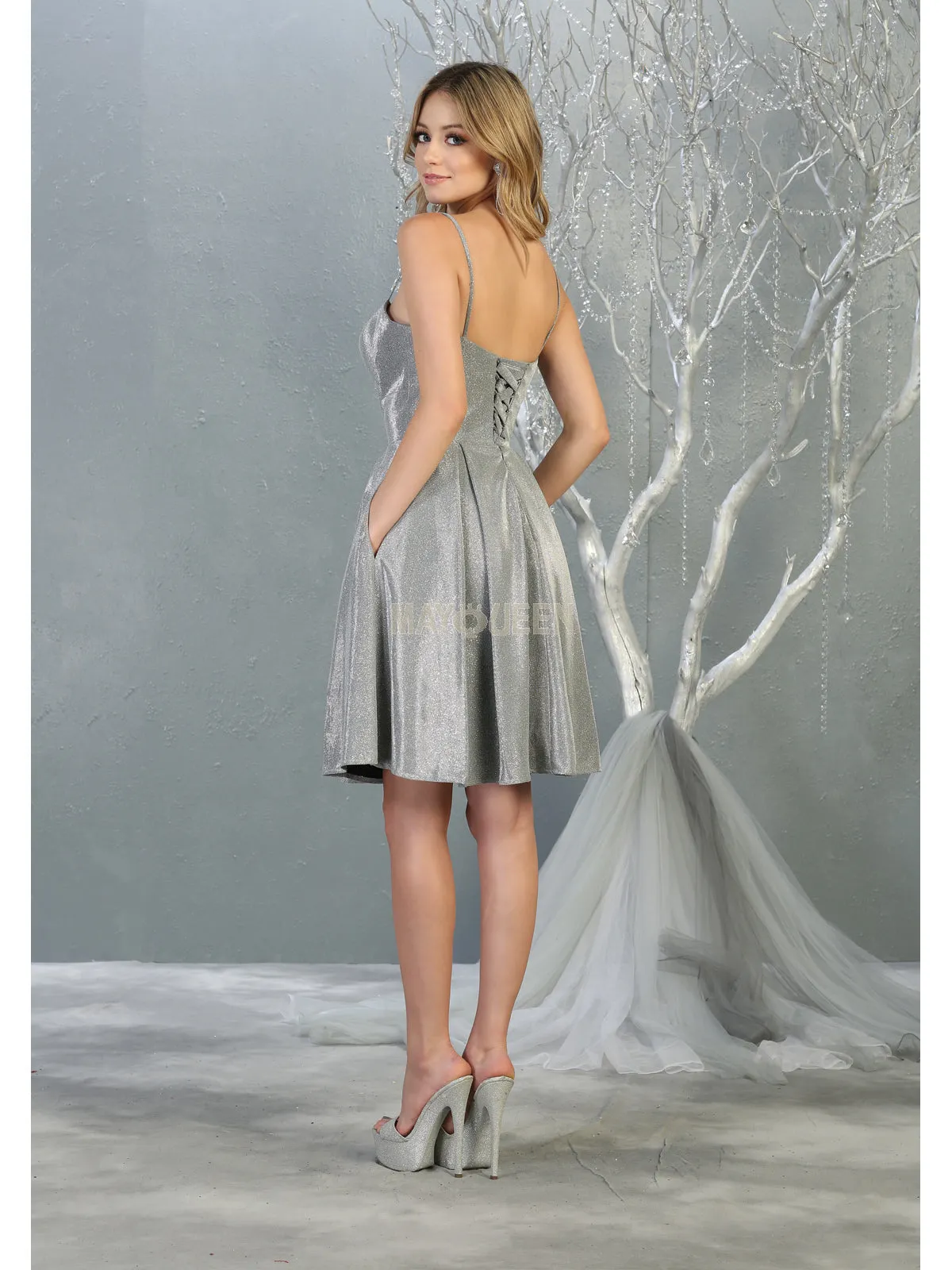 MQ 1791 - Metallic Homecoming Dress with Sweetheart Neck Pockets & Corset Back