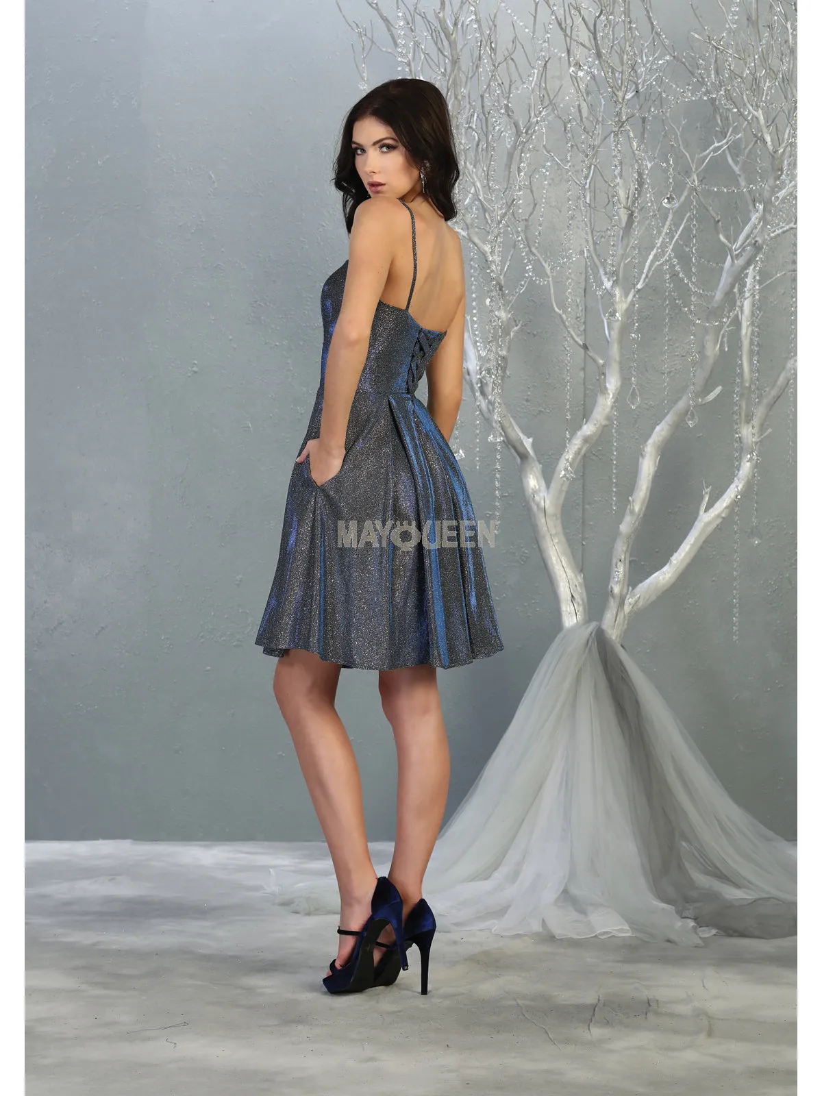 MQ 1791 - Metallic Homecoming Dress with Sweetheart Neck Pockets & Corset Back