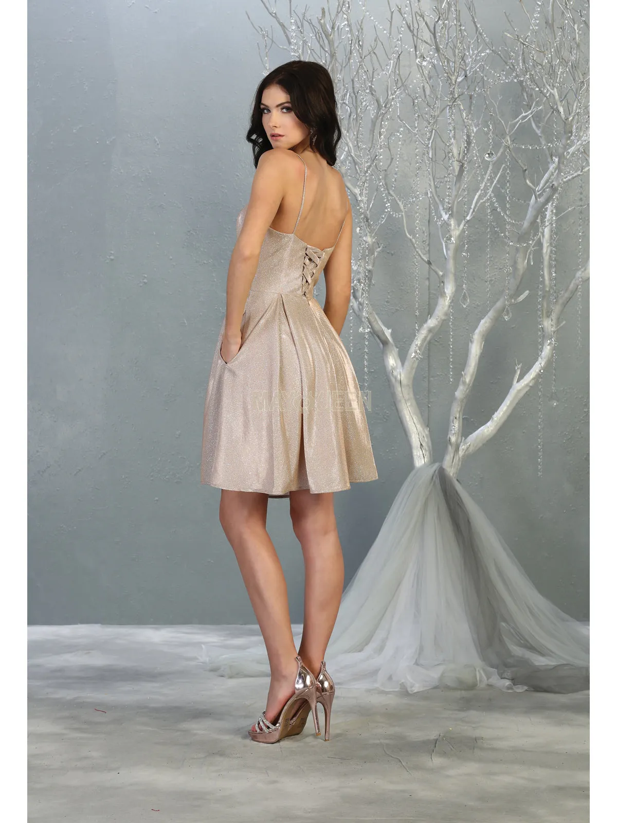 MQ 1791 - Metallic Homecoming Dress with Sweetheart Neck Pockets & Corset Back
