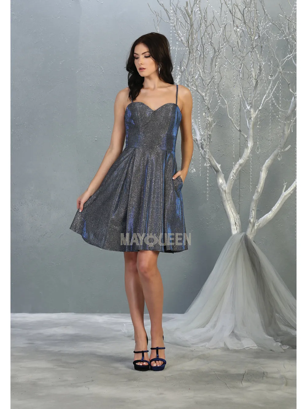 MQ 1791 - Metallic Homecoming Dress with Sweetheart Neck Pockets & Corset Back