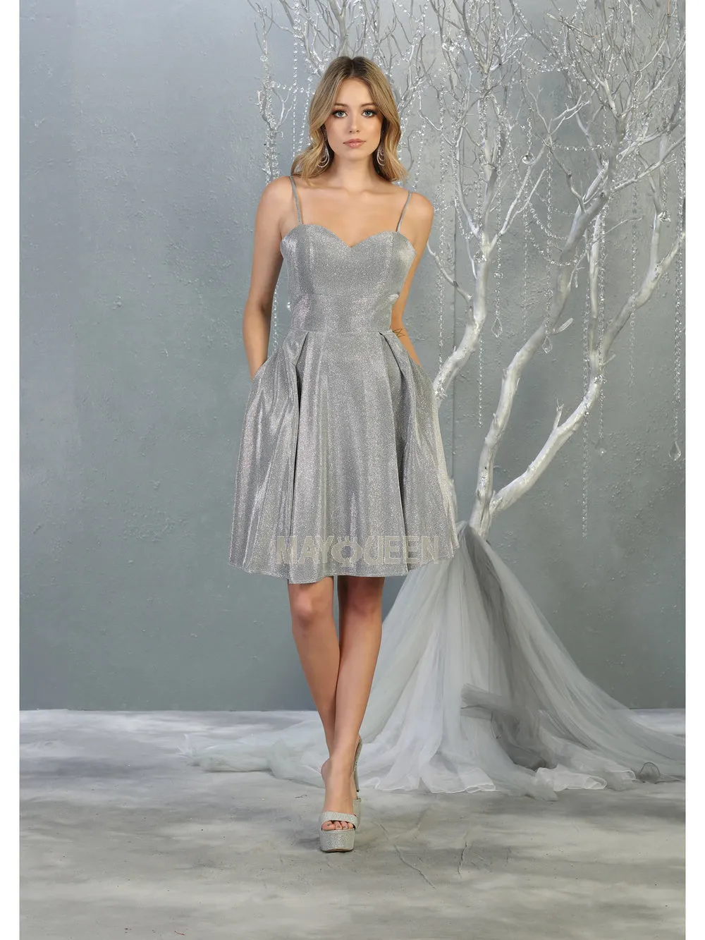 MQ 1791 - Metallic Homecoming Dress with Sweetheart Neck Pockets & Corset Back