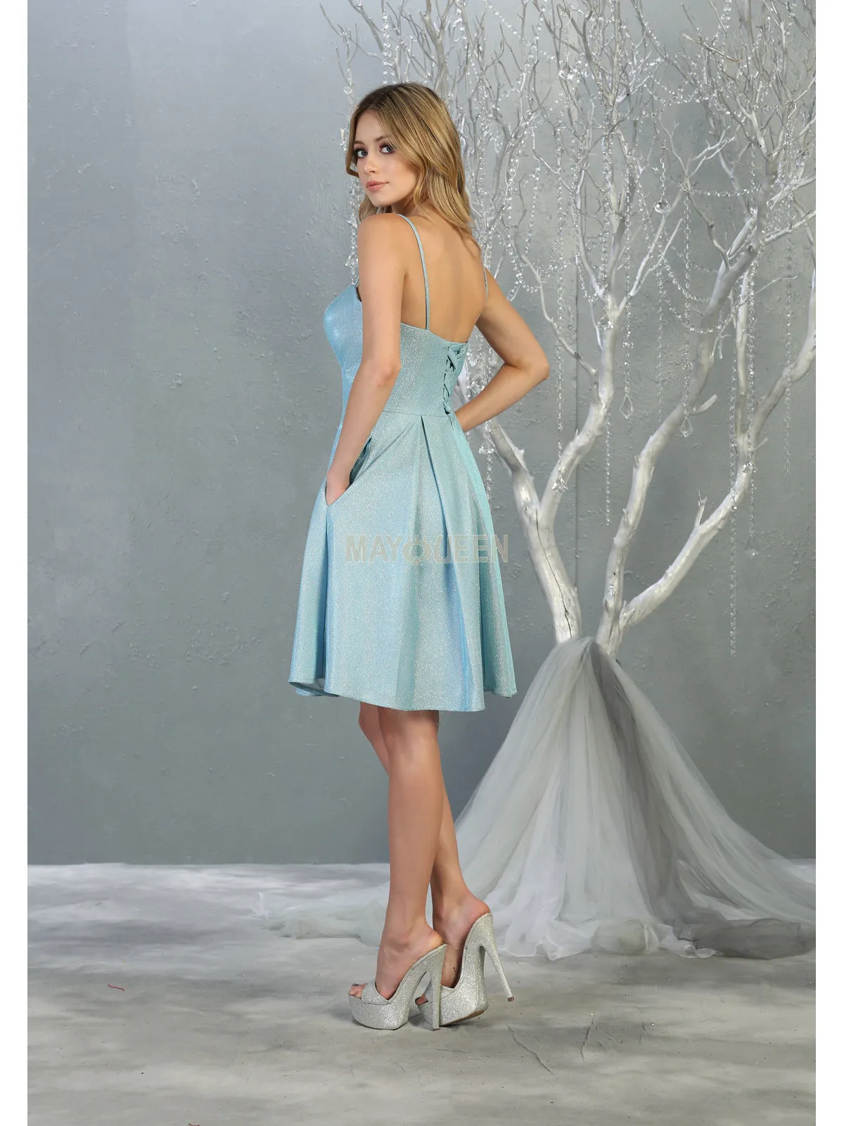 MQ 1791 - Metallic Homecoming Dress with Sweetheart Neck Pockets & Corset Back