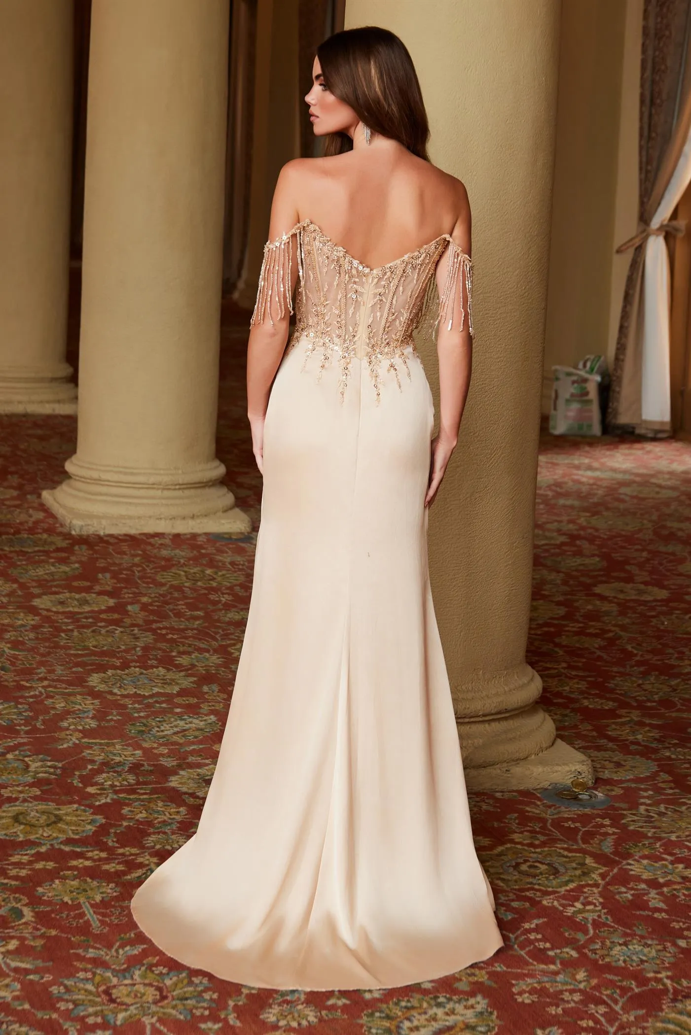 N F1571 - Stretch Satin Fit & Flare Prom Gown with Sheer Beaded Bodice Leg Slit & Fringed Sequin Off the Shoulder Straps