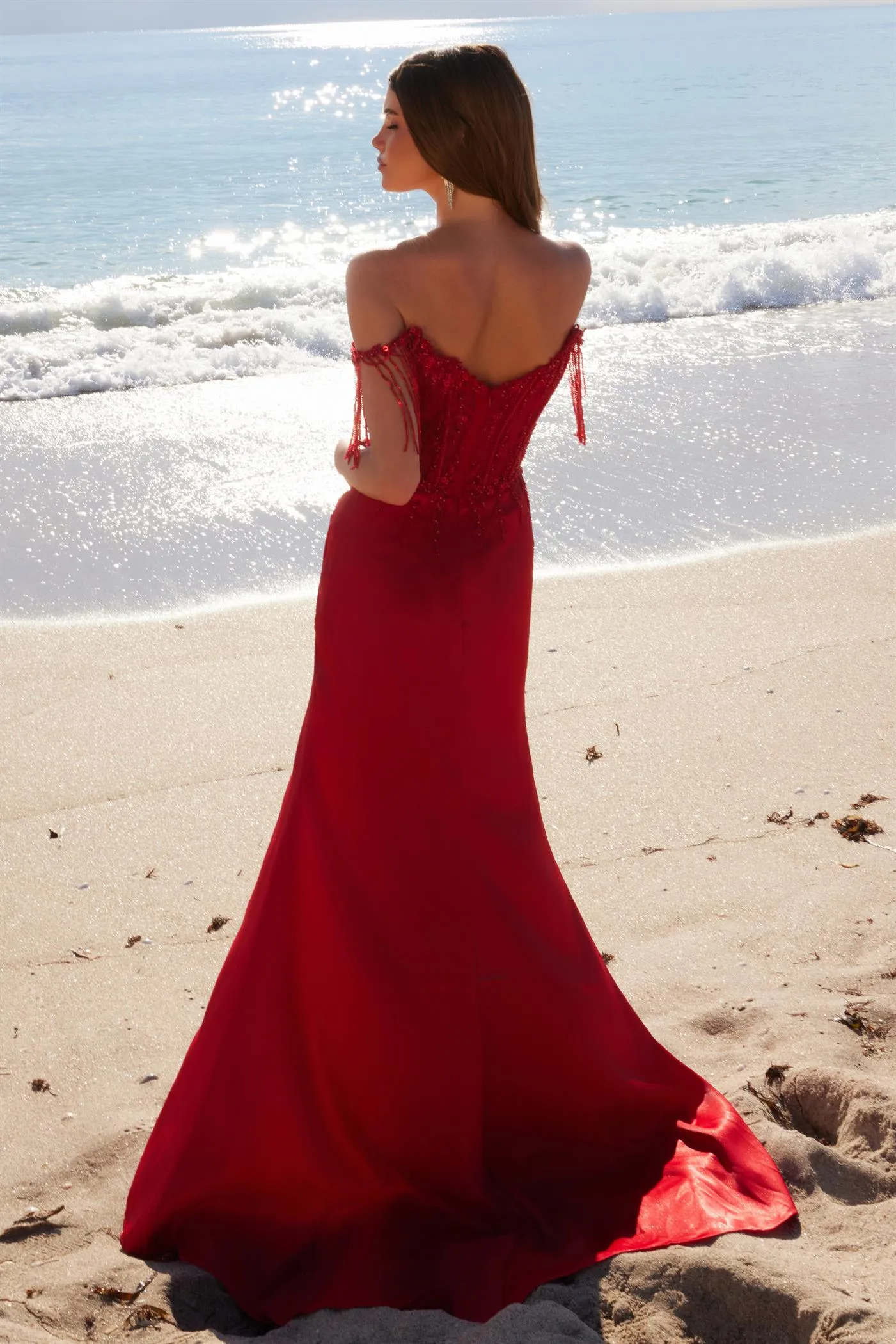 N F1571 - Stretch Satin Fit & Flare Prom Gown with Sheer Beaded Bodice Leg Slit & Fringed Sequin Off the Shoulder Straps