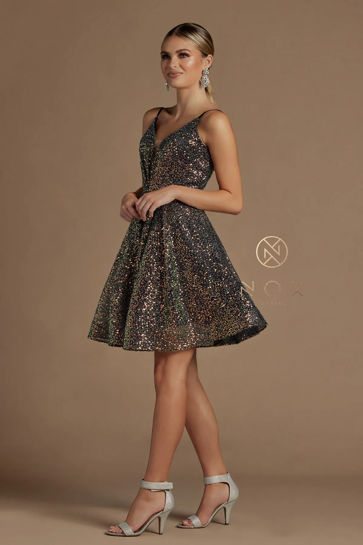 N R703 - Iridescent Sequin A-Line Homecoming Dress with V-Neck Pleated Bodice & Adjustable Spaghetti Straps